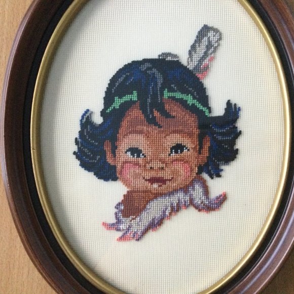 2 Vintage Framed petit point needlework embroidery wall hanging native children - Picture 3 of 7